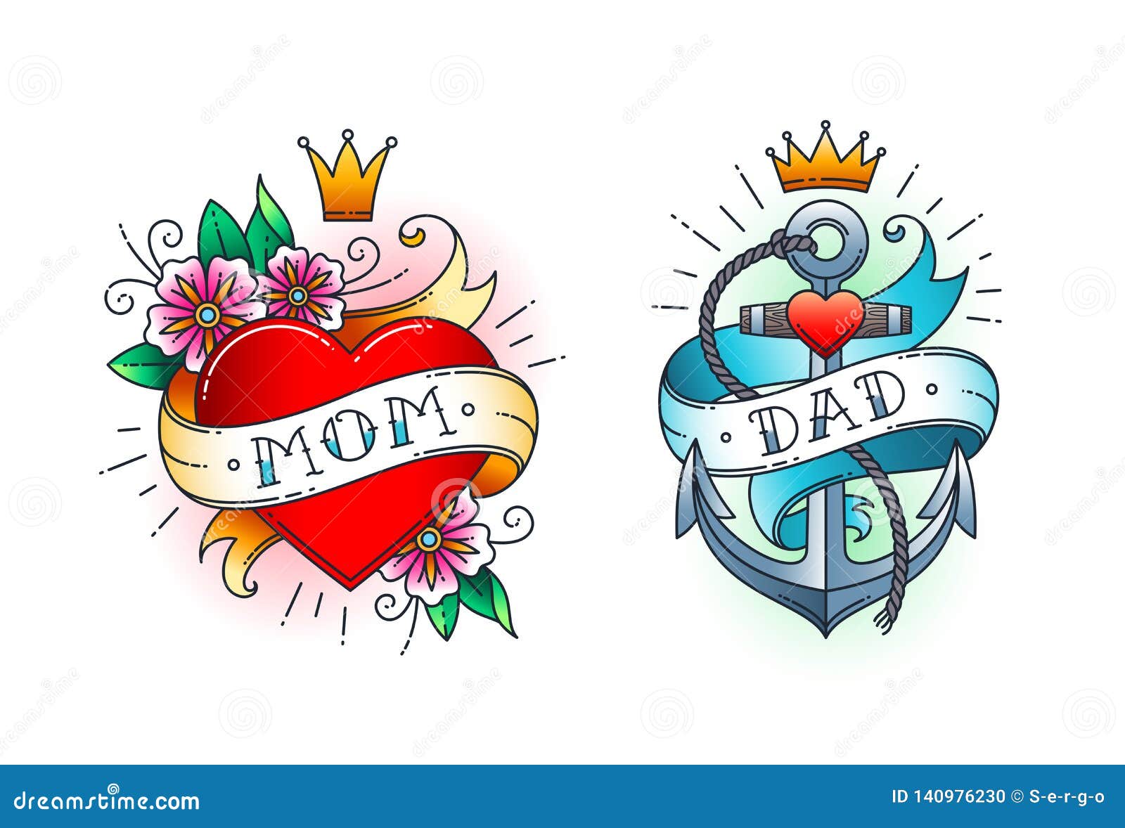 set of classic tattoo - heart with flowers and word mom on ribbon. anchor with rope and ribbon with word - dad.